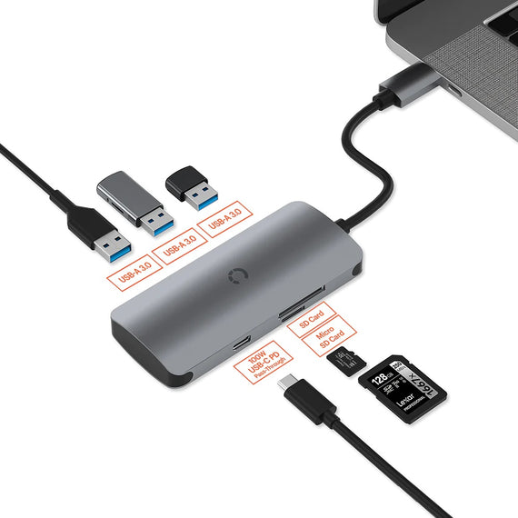 Cygnett Unite SlimMate 6-in-1 USB-C Multiport Hub Adapter Dock-(CY3316HUBC3)3xUSB-A 3.0 1xUSB-C 100W PD 1xSD 1xMicroSD