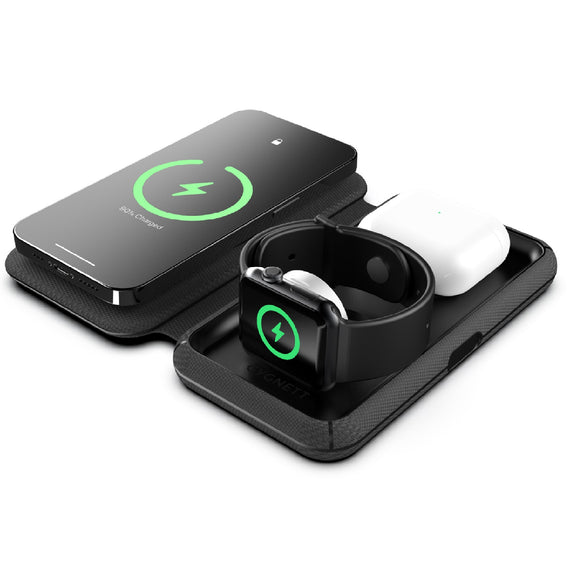 Cygnett MagTravel 15W 3-in-1 Wireless Charger - BlacK (CY4530WIRDE),MagSafe & Qi2 Compatible,1M USB-C Cable, Perfect for