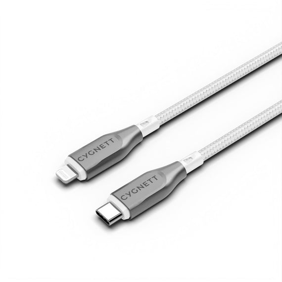 Cygnett Armoured Lightning to USB-C (2.0) Cable (1M) -White(CY4668PCCCL),30W,Braided, 480Mbps Transfer, Fast Charge