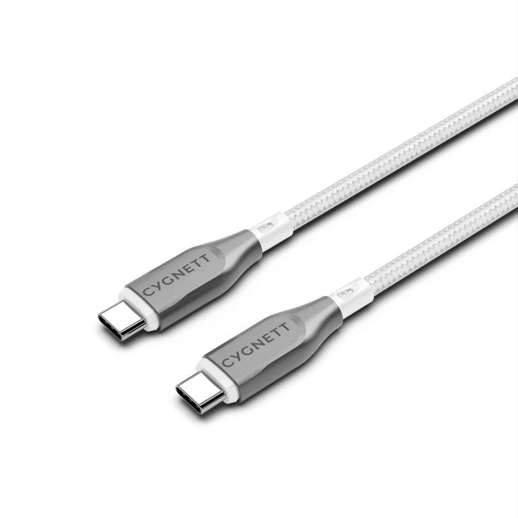 Cygnett Armoured Braided USB-C to USB-C (2.0) Cable (2M) - White (CY4677PCTYC), 5A/100W, 480Mbps, Turbo Charge, Best for