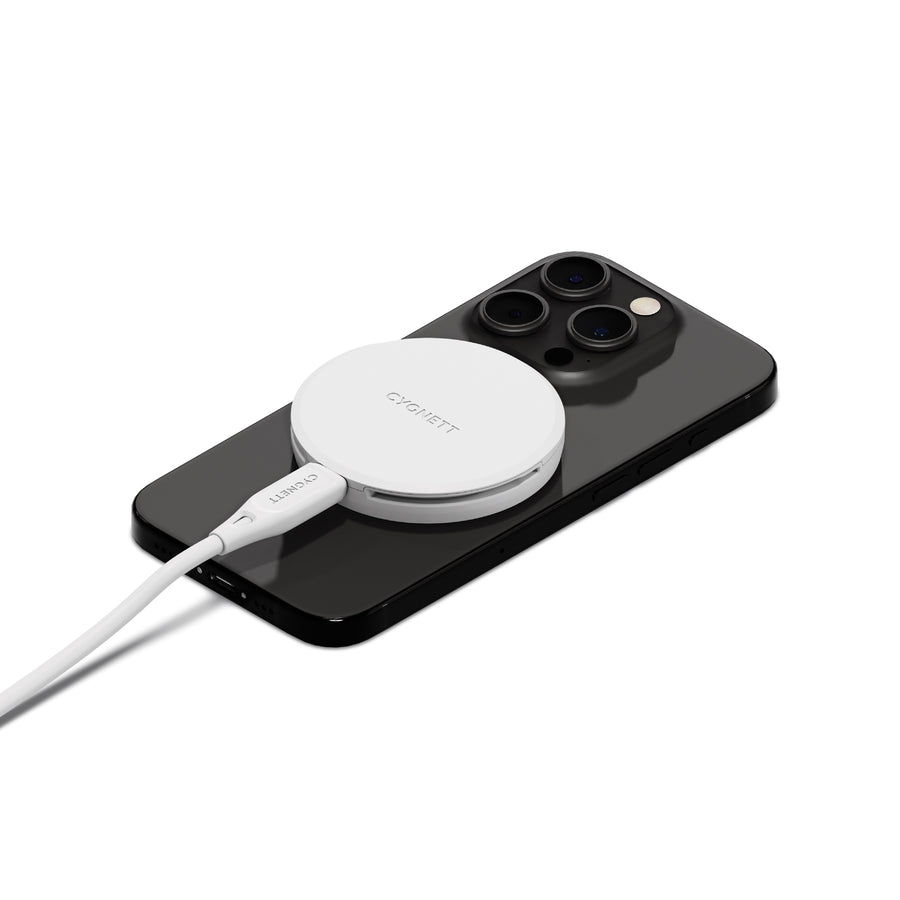Cygnett ChargePuck Qi2 15W Fast Wireless Charger -White(CY5062CCRGP),Compact & Lightweight, 1.2M USB-C Cable,Perfect for