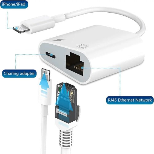 USP Lightning to Ethernet + Power Adapter for iPhone/iPad, RJ45 LAN + charging, fast stable internet, plug & play, iOS, 5