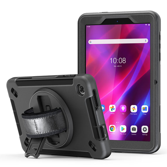 USP Rugged Lenovo Tab M8 (4th Gen) (8') (TB-300) Case + Screen Protector Black - Built-in-Kickstand, Adjustable Hand Strap, 3 Year Warranty