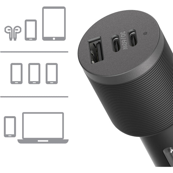 OtterBox 72W USB-C Triple Port Premium Pro Fast Car Charger - Black (78-80899),1x USB-A (12W), 2x USB-C (30W),Fast-Charging