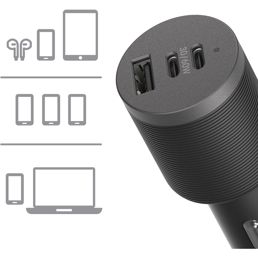 OtterBox 72W USB-C Triple Port Premium Pro Fast Car Charger - Black (78-80899),1x USB-A (12W), 2x USB-C (30W),Fast-Charging