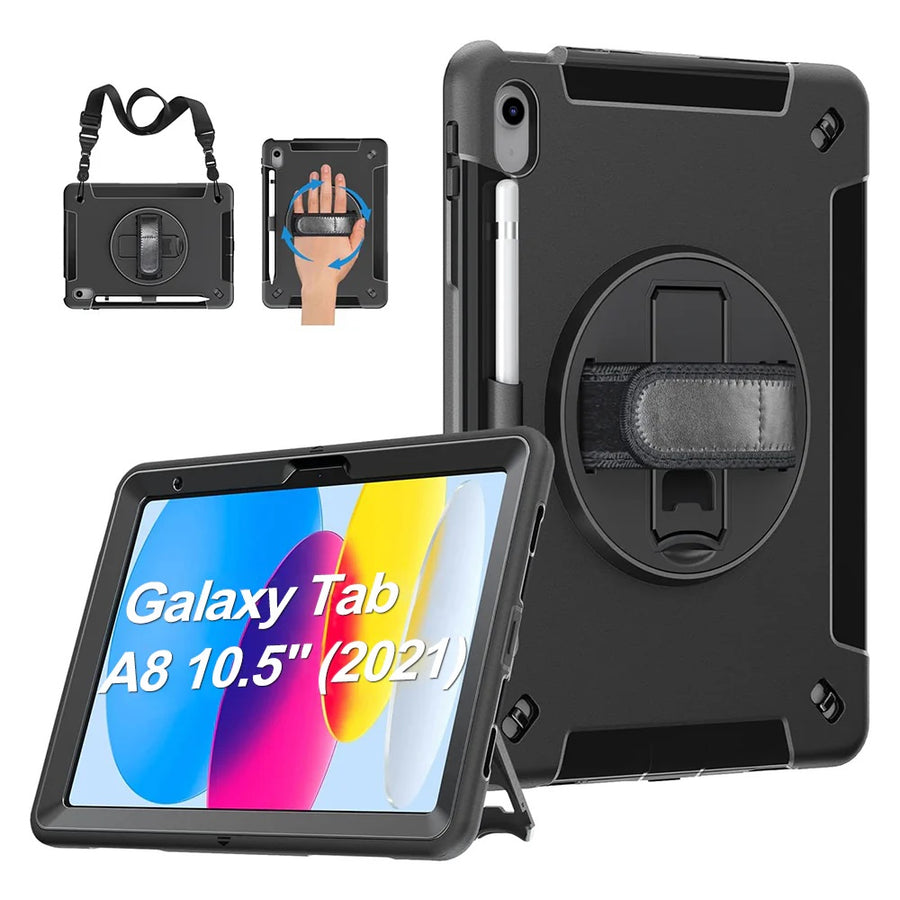 USP Rugged Samsung Galaxy Tab A8 (10.5') Case Black - Built-in-Kickstand, Hand & Shoulder Straps, DropProof, 5 Years