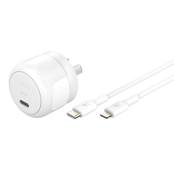 Belkin BoostCharge Compact 30W USB-C (PD 3.1) Wall Charger + USB-C to Lightning Cable - White (WCA008au1MWH-B5), Apple, 2