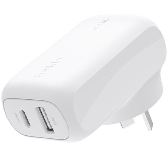 Belkin BoostCharge Dual Wall Charger 42W - White (WCB009auWH), Fast charge, 1xUSB-C(30W), 1xUSB-A(12W), Travel Friendly, PPS & PD,  CEW $2500, 2 Years