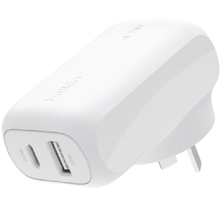 Belkin BoostCharge Dual Wall Charger 42W - White (WCB009auWH), Fast charge, 1xUSB-C(30W), 1xUSB-A(12W), Travel Friendly, PPS & PD,  CEW $2500, 2 Years