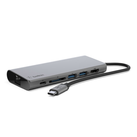 Belkin USB-C Multimedia Hub - (F4U092btSGY), Compact, 60W, 5Gbps, 1x 4K HDMI, 1x USB-C, 2x USB-A, 1x SD Card, 1x Gigabit