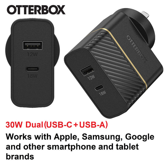 OtterBox 30W Dual Port Premium PD Fast Wall Charger - Black (78-80029), (USB-C 18W & USB-A 12), Drop Tested, Safe & Smart