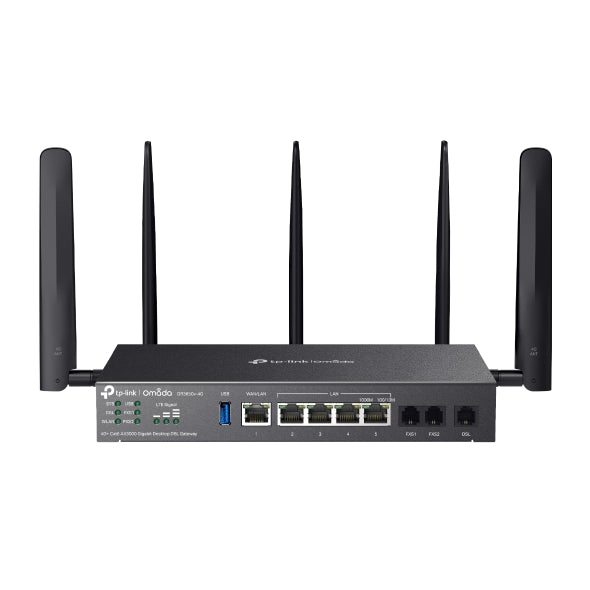TP-Link DR3650v-4G Omada 4G+ Cat6 AX3000 Wi-Fi 6 Gigabit Desktop DSL Gateway, 574Mbps@2.4GHz + 2402Mbps@5GHz(HE160), VDSL2 350 350/60, VoIP