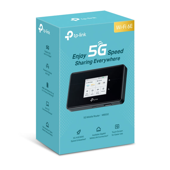 TP-Link M8550 5G Mobile Wi-Fi, 2880 Mbps at 6 GHz or 2880 Mbps at 5 GHz 688 Mbps at 2.4 GHz, 5G 3.4Gbps/900Mbps, 4G Cat19 1.6Gbps/2