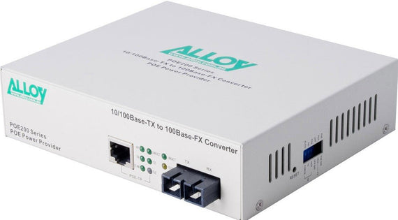 Alloy POE200SC PoE PSE Fast Ethernet Media Converter, has a 10/100Mbps PoE RJ-45 port and a SC terminated multimode fibre port - Leader Electronics