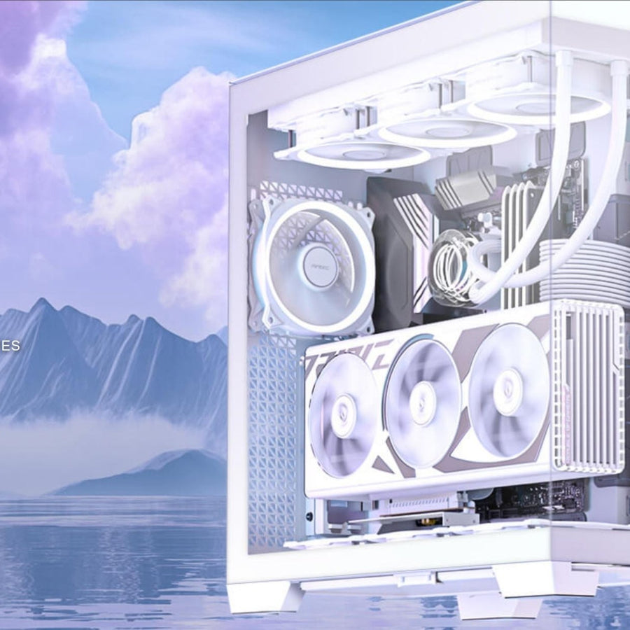 Antec C8 E-ATX, mATX, ITX, Seamless Edge View Front and Side, USB-C, 4mm Tempered Glass, 360mm liquid cooler top, bottom, side. 2x USB 3.0 White Case. - Leader Electronics