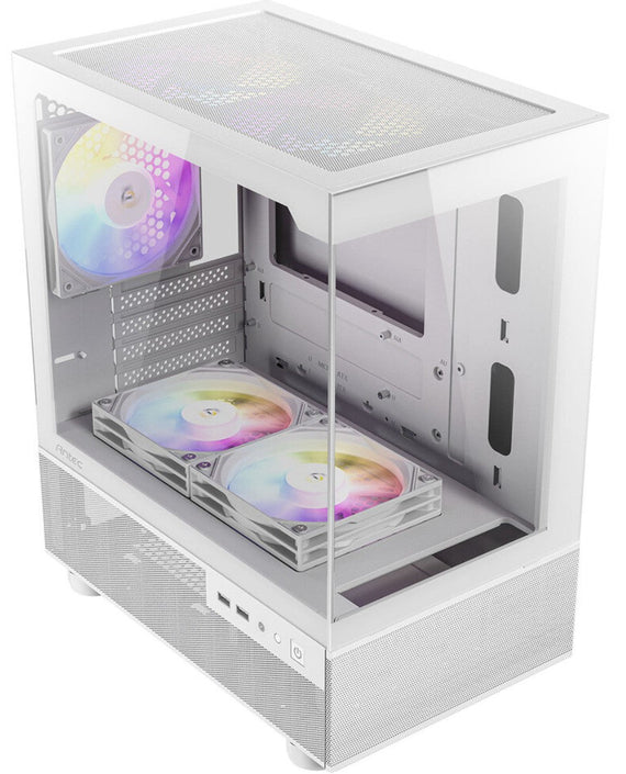 Antec CX200M RGB Elite, mATX, 270 degrees view, USB 3.0 x 2, Audio I/O Bottom. Mesh front and bottom. Clear Glass View, 5x RGB Fans. White Gaming Case - Leader Electronics