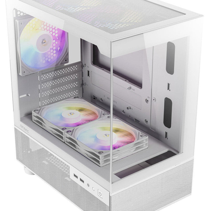 Antec CX200M RGB Elite, mATX, 270 degrees view, USB 3.0 x 2, Audio I/O Bottom. Mesh front and bottom. Clear Glass View, 5x RGB Fans. White Gaming Case - Leader Electronics