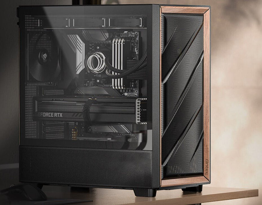Antec Flux ATX, Black Premium Walnut Trim, 5x Black PWM Performance Fans. Ultra Cooling Design, ARGB Controller, Mid Tower Case - Leader Electronics