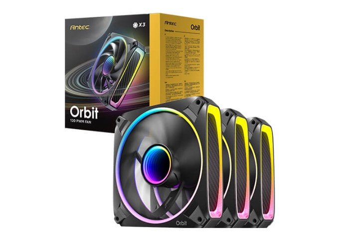 Antec Orbit 120 ARGB 3PK, Extreme Lighting 4 sides & Mirror inward Effect, PWM, 28MM Thickness Focus Airflow 66.72 CFM, FDB 9 Blades. Woven cable Fan - Leader Electronics