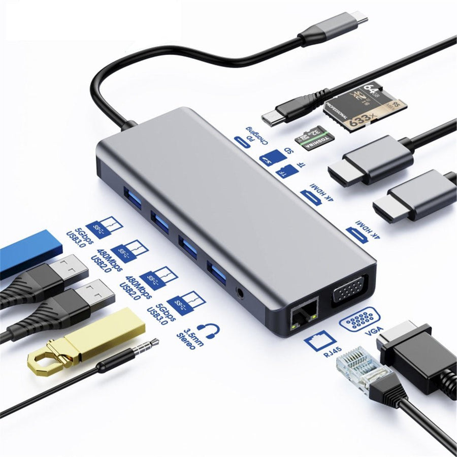 Astrotek USB-C Dock 12-in-1 Multiport Hub/Docking Station with 100W Power 2xHDMI 4K VGA GLAN 2xUSB3.0 2xUSB2.0 Card Reader for HP Lenovo Asus MacBook - Leader Electronics