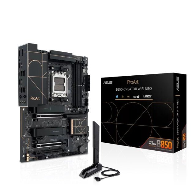 ASUS AMD ProArt B850-CREATOR WIFI NEO, AM5, 4DIMM, 256GB DDR5, 8400+MT/s, 2x PCIe5.0 x16, 3xM.2, WiFi7, dual 5GbE, USB 20Gbps, HDMI2.1, DP1.4 - Leader Electronics