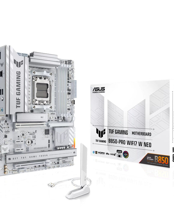 ASUS AMD TUF GAMING B850-PRO WIFI7 W NEO, AM5, 4DIMM, 256GB DDR5, 8400+MT/s, PCIe5.0 x16, x3 M.2, WiFi7, 2.5GbE, USB 20Gbps, HDMI2.1, DP1.4 - Leader Electronics