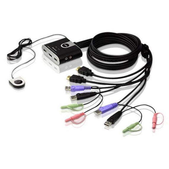 Aten Compact KVM Switch 2 Port Single Display HDMI w/ audio, 1.2m Cable, Remote Port Selector, - Leader Electronics