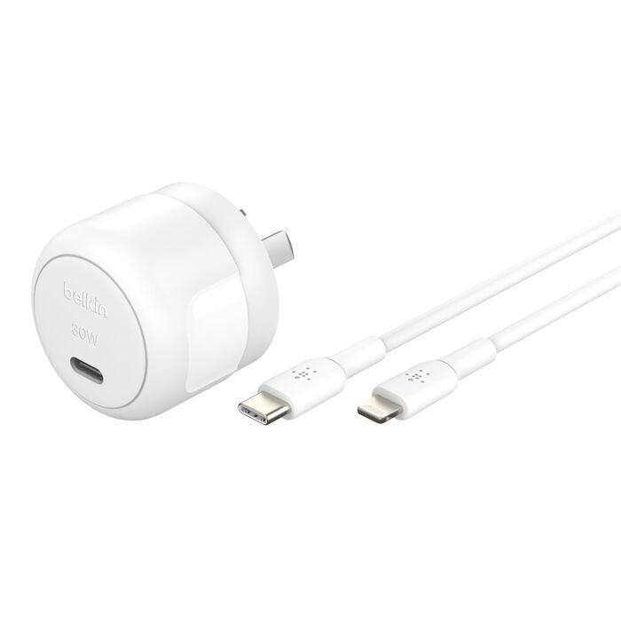 Belkin BoostCharge Compact 30W USB-C (PD 3.1) Wall Charger + USB-C to Lightning Cable - White (WCA008au1MWH-B5), Apple, 2 Years Warranty - Leader Electronics