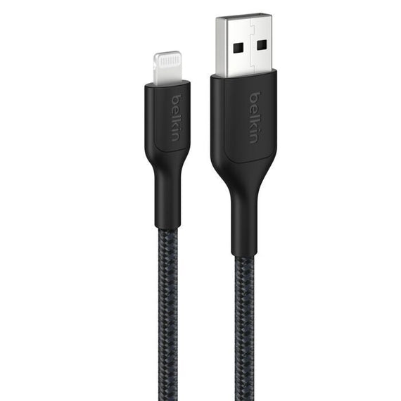 Belkin BoostCharge Pro Braided Lightning to USB-A Cable (1M) - Black (CAA020FQ1MBK), 2.4A/15W, 480Mbps, 350K Bends, MFI-Certified, 2 Years Warranty - Leader Electronics