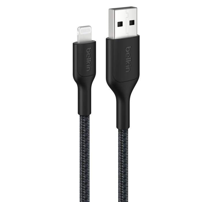 Belkin BoostCharge Pro Braided Lightning to USB-A Cable (2M) - Black (CAA020FQ2MBK), 2.4A/15W, 480Mbps, 350K Bends, MFI-Certified, 2 Years Warranty - Leader Electronics