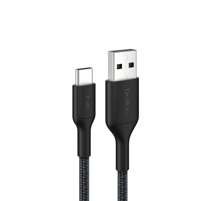 Belkin BoostCharge Pro Braided USB-C to USB-A Cable (1M) - Black (CAB022fq1MBK), 3A/15W, 480Mbps, 350K+ Bends, Apple,USB-IF Certified,2 Years Warranty - Leader Electronics