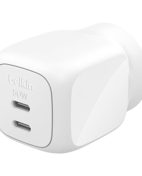 Belkin BoostCharge Pro Dual USB-C GaN Wall Charger 50W - White (WCH019AUWH), Compact Laptop Charger, Travel-Ready, CEW $2500, 2 Years Warranty - Leader Electronics