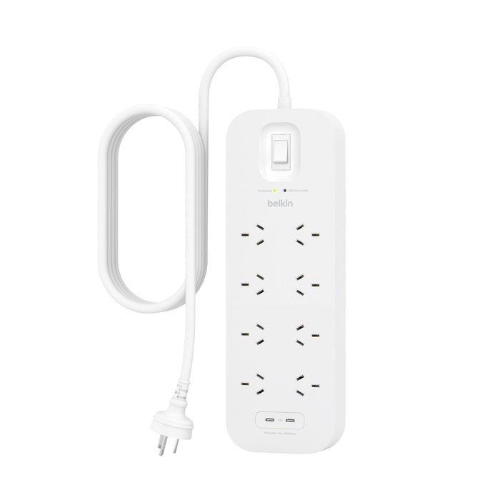 Belkin Connect 8-Outlet Surge Protector with Dual USB-C 30W Ports - White (SRB004AU2M), 2M Cord, 900 Joules Protection, CEW $70,000, 2 Years Warranty - Leader Electronics