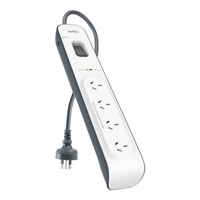 Belkin SurgeMaster 4-Outlet Surge Protection Strip - White/Grey (BSV400au2M), 2M Power Cord, 525 Joules Protection, CEW $20,000, 2 Years Warranty - Leader Electronics