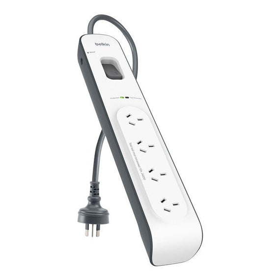 Belkin SurgeMaster 4-Outlet Surge Protection Strip - White/Grey (BSV400au2M), 2M Power Cord, 525 Joules Protection, CEW $20,000, 2 Years Warranty - Leader Electronics