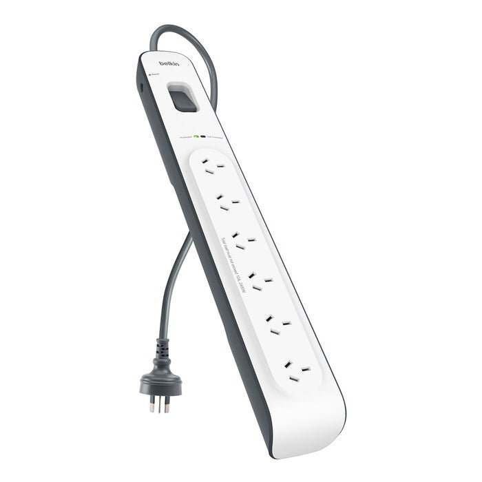 Belkin SurgeMaster 6-Outlet Surge Protection Strip - White/Grey (BSV603au2M), 2M Power Cord, 650 Joules Protection, CEW $30,000, 2 Years Warranty - Leader Electronics