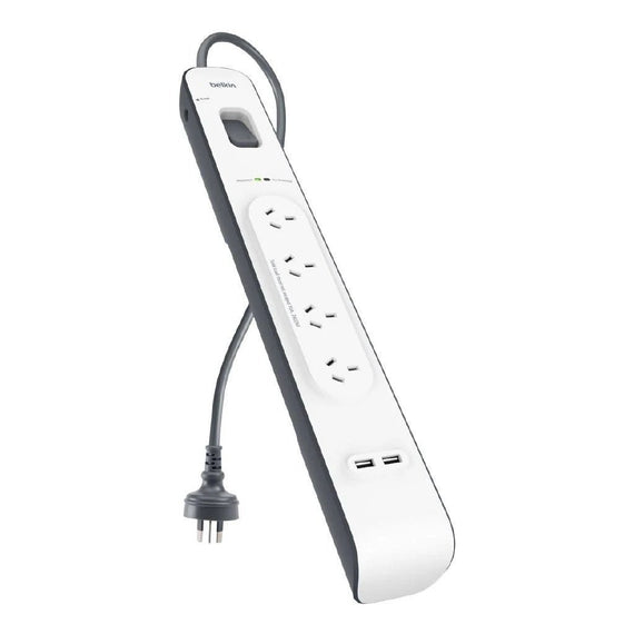 Belkin SurgePlus 4-Outlet 2-Meter Surge Protection Strip With Two (2.4) Amp USB Charging Ports - White (BSV401au2M), 2M Power Cord, 2 Years Warranty - Leader Electronics