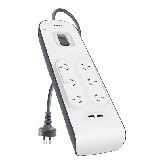 Belkin SurgePlus 6-Outlet 2-Meter Surge Protection Strip With Two (2.4) Amp USB Charging Ports - White (BSV604au2M), 2M Power Cord, 2 Years Warranty - Leader Electronics