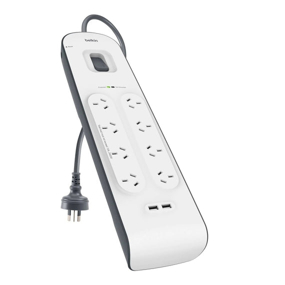 Belkin SurgePlus 8-Outlet 2-Meter Surge Protection Strip With Two (2.4) Amp USB Charging Ports - White (BSV804au2M), 2M Power Cord, 2 Years Warranty - Leader Electronics
