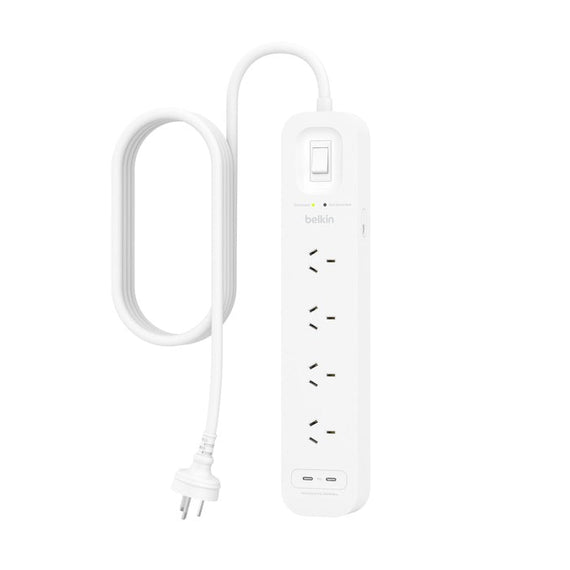 Belkin SurgePro 4-Outlet Surge Protector with Dual USB-C 30W Ports - White (SRB005AU2M), 2M Power Cord, 525 Joules Protection, CEW $40,000, 2 Years - Leader Electronics