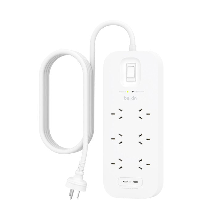 Belkin SurgePro 6-Outlet Surge Protector with Dual USB-C 30W Ports - White (SRB006AU2M), 2M Power Cord, 650 Joules Protection, CEW $50,000, 2 Years - Leader Electronics