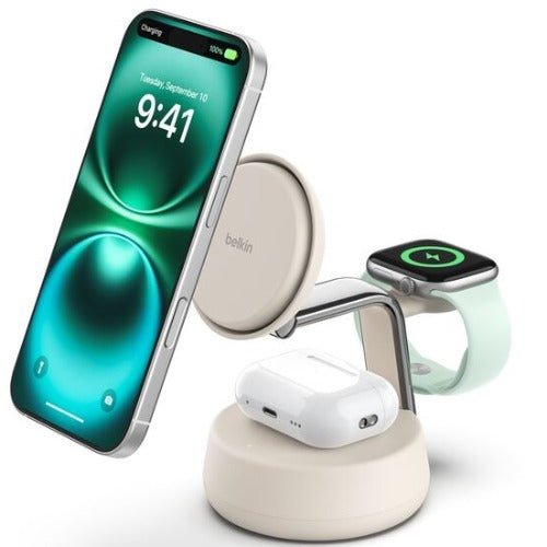 Belkin UltraCharge Pro 3-in-1 Wireless Qi2 Charging Dock + 45W USB-C PSU + USB-C Cable (1.5M) - White (WIZ040auSD), 25W, CEW $2500, 2 Years Warranty - Leader Electronics