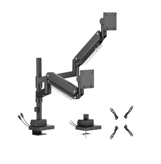 Brateck LDT80-C024UCP Matte Black Super Heavy-Duty Pole-Mounted Gas Spring Dual Monitor Arm with USB-A and USB-C Ports For most 24'-57' Monitors (LS) - Leader Electronics