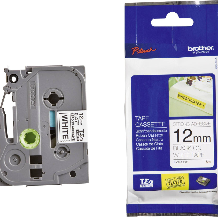 Brother 12mm Black on White Strong Adhesive TZE Tape - Leader Electronics
