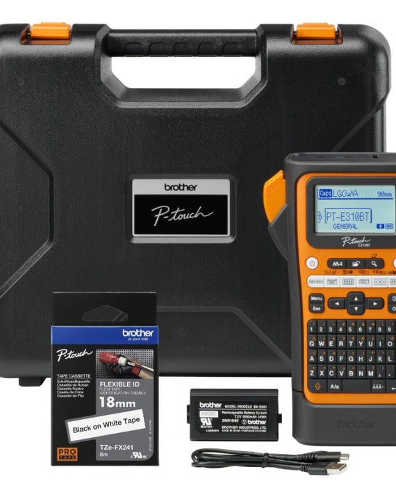 Brother PT-E310BTVP Industrial Handheld Label Printer - 3 Year Warranty, included Carry case, Rechargeable Li-Ion battery,1xTZE-FX241 and USB-A Cable - Leader Electronics