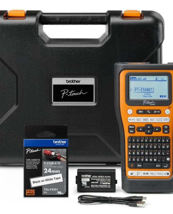 Brother PT-E560BTVP Industrial Handheld Label Printer - 3 Year Warranty, included Carry case, Rechargeable Li-Ion battery,1xTZE-FX241 and USB-A Cable - Leader Electronics
