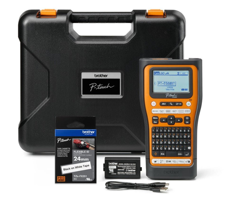 Brother PT-E560BTVP Industrial Handheld Label Printer - 3 Year Warranty, included Carry case, Rechargeable Li-Ion battery,1xTZE-FX241 and USB-A Cable - Leader Electronics