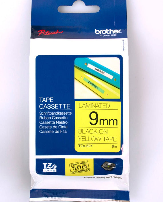 Brother TZE-621 tape 9mm x 8m: black on yellow laminated - Leader Electronics