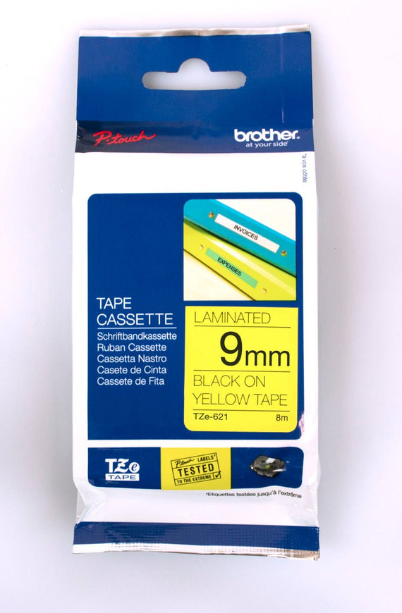 Brother TZE-621 tape 9mm x 8m: black on yellow laminated - Leader Electronics