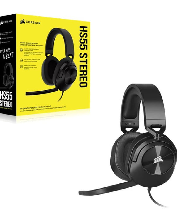 Corsair HS55 STEREO Wired Gaming Headset - Carbon, 50mm drivers, 20Hz–20kHz, wired 3.5mm stereo, multi-platform support (PC/PS/Xbox/Switch/mobile) - Leader Electronics